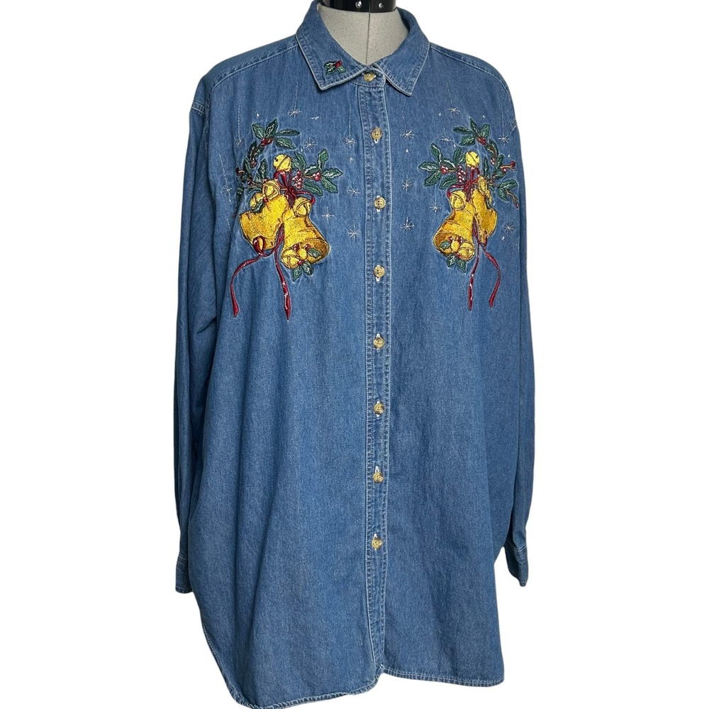 Vintage Bobbie Brooks Vintage Christmas Denim Embroidered Shirt Plus 22W/24W
